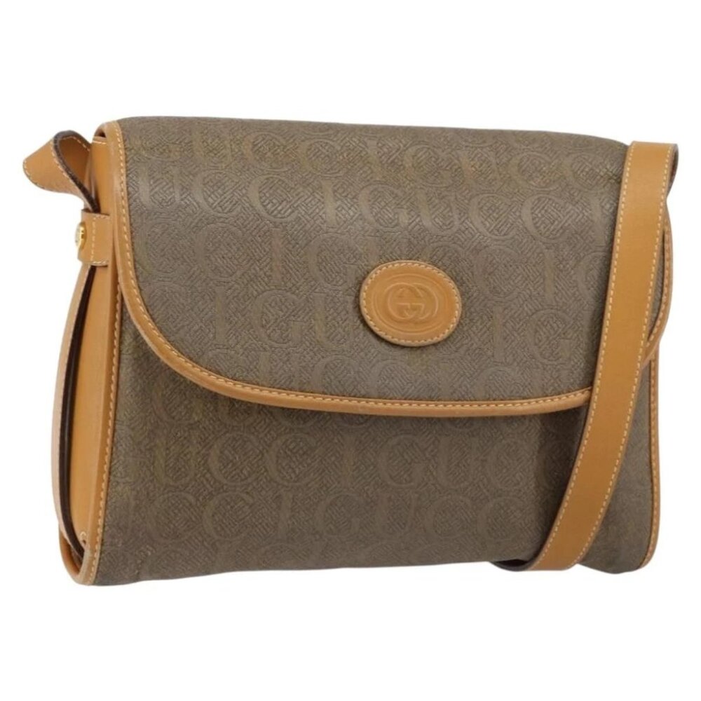 GUCCI Shoulder Bag Canvas Leather Beige Gold
